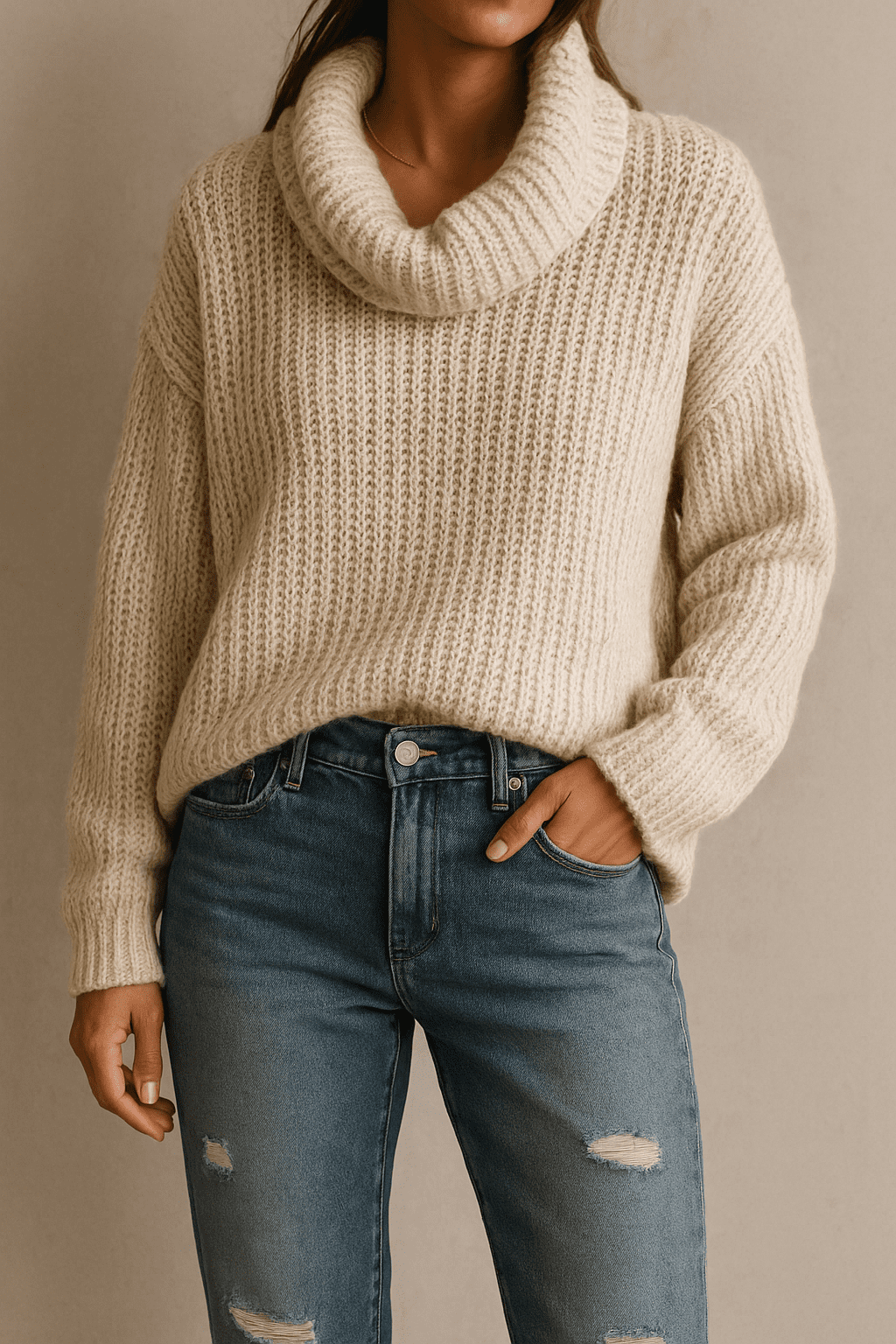 The Cozy Cowl Neck & Distressed Denim