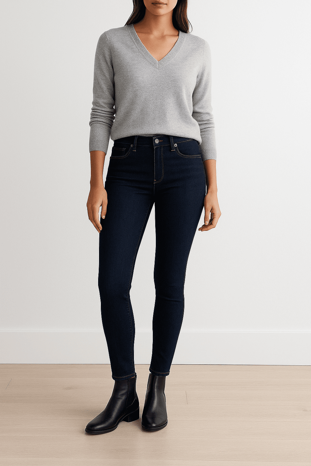 The Preppy & Polished: V-Neck & Dark Wash Skinnies