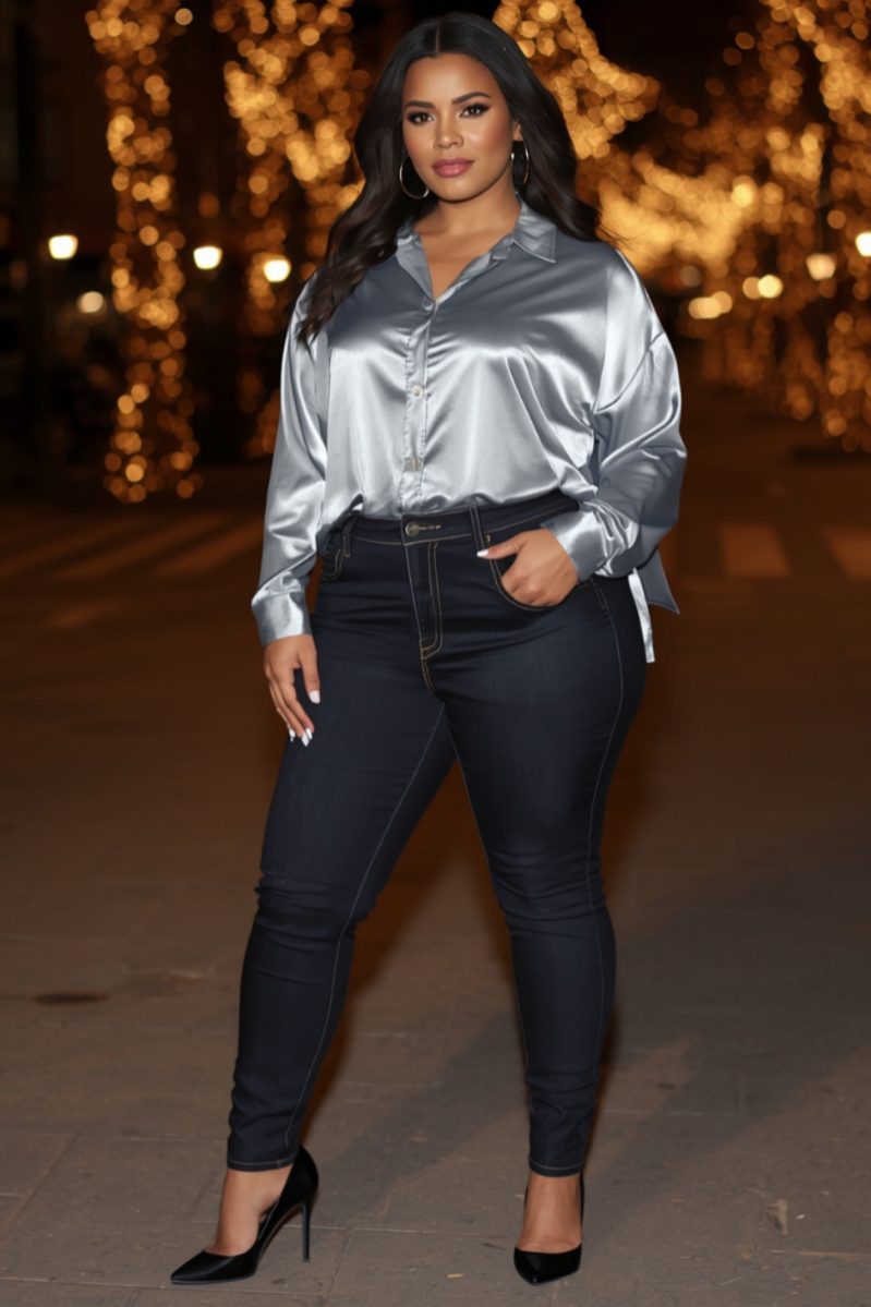 Beautiful curvy woman in dark-wash skinny jeans and a silver metallic blouse posing on a city street at night with festive lights.