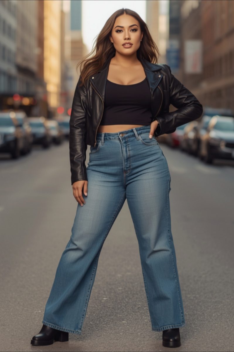 Confident curvy woman wearing wide-leg jeans with a cropped black leather jacket and boots in a stylish city setting.