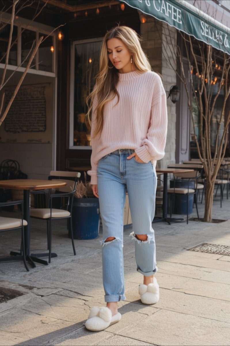 Slim woman dressed in boyfriend jeans, fuzzy slip-ons, and a pastel knit sweater, standing outside a cozy winter café.