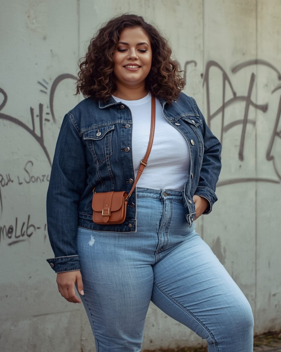 Plus-size woman wearing light blue jeans with a dark denim jacket and white tee, posing casually against an urban wall.