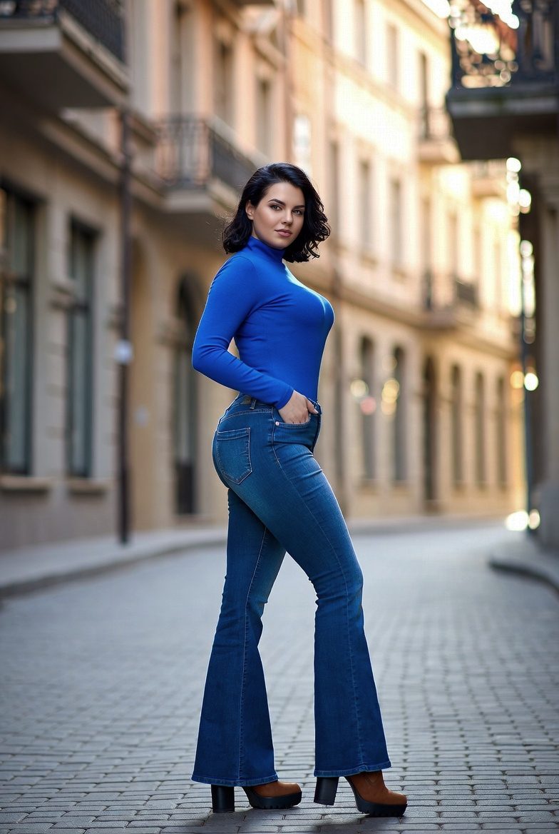 Curvy woman posing in blue flared jeans, turtleneck, and brown heels in a vintage city backdrop.