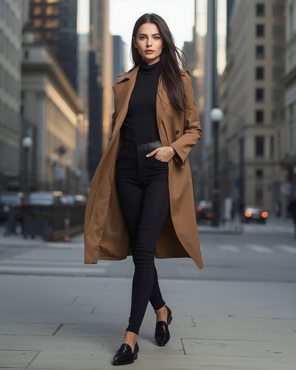 Slim woman in black skinny jeans, camel trench coat, and loafers walking through a sunlit city street.