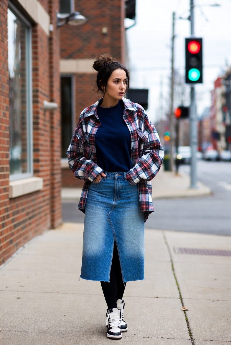 Slim woman in a knee-length denim skirt, plaid overshirt, and sneakers enjoying a cozy December day outdoors.