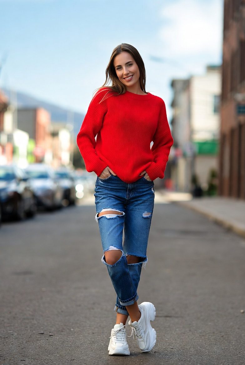 Slim woman in ripped denim jeans and a bright red sweater smiling while walking down a sunny winter street.