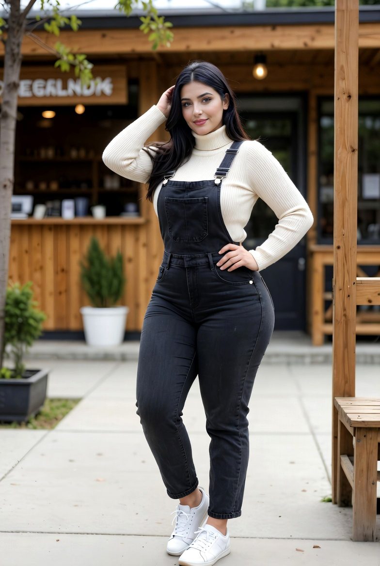 Curvy woman wearing dark denim overalls layered over a cream turtleneck, sitting at an outdoor cafe.