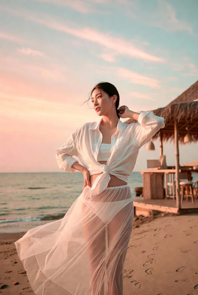 Slim Asian woman wearing a sheer ivory slip skirt layered over a white slip and oversized linen shirt, standing at a coastal café, breezy resort style.
