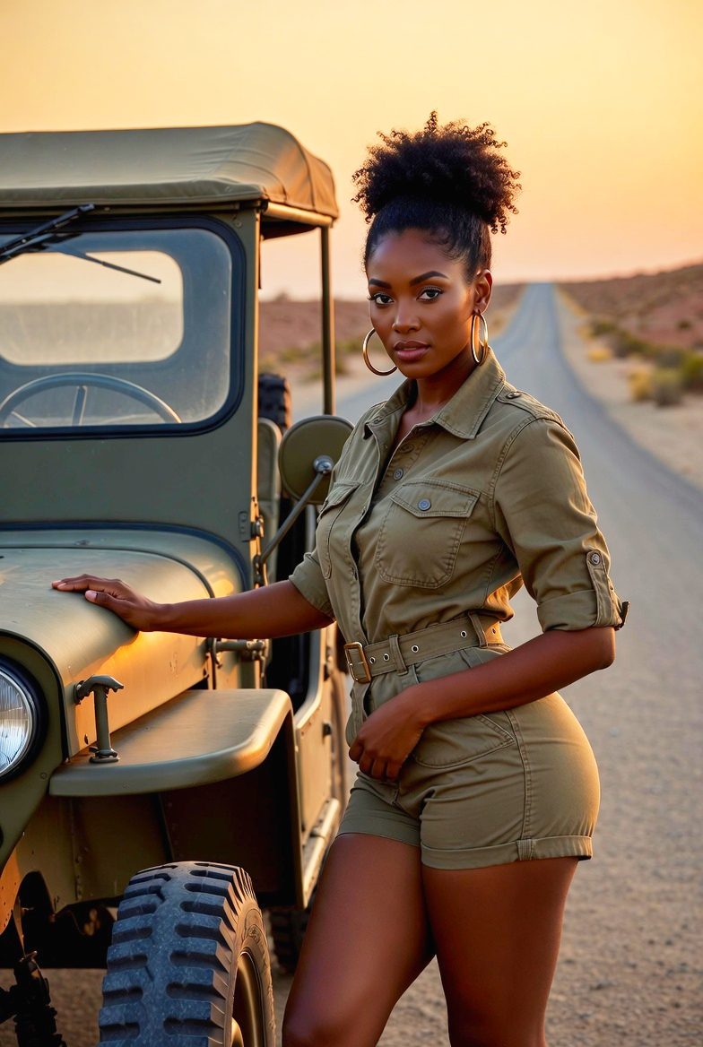 Black woman wearing khaki utility playsuit with belt and gold hoops, leaning against vintage jeep at sunset, stylish travel look.