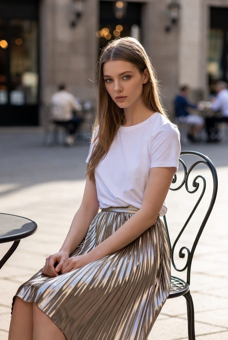 White woman in champagne metallic pleated skirt and white tee, sitting at European café, relaxed street style for vacation.