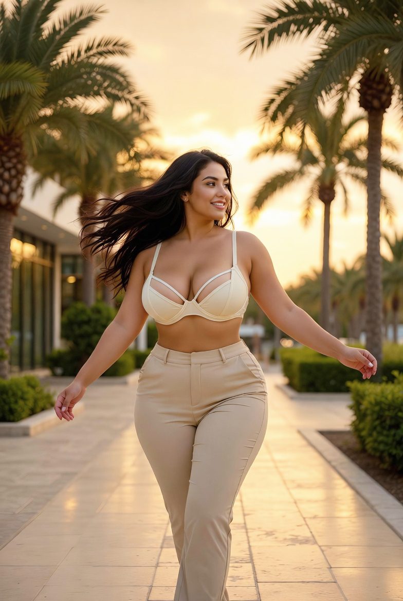 Curvy Latina woman in cream strappy bra top with high-waist trousers, walking along resort walkway lined with palm trees, bold holiday outfit.
