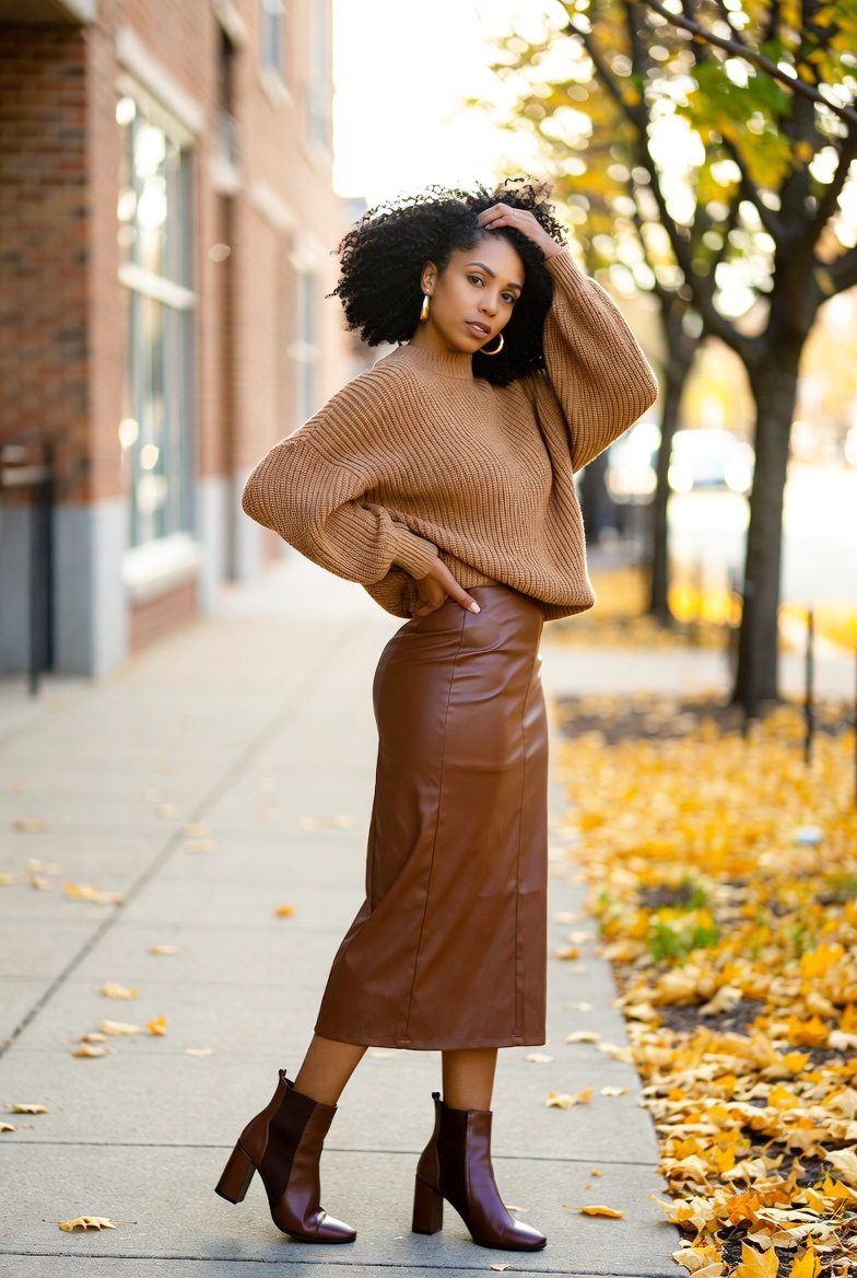 Black woman in an oversized oatmeal chunky sweater, brown leather midi skirt, and ankle boots on a city sidewalk with autumn leaves.