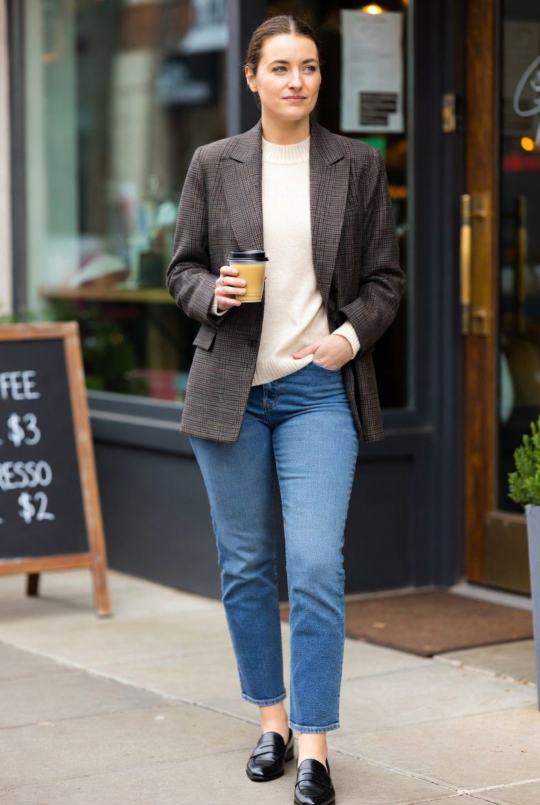 White woman dressed in a brown plaid blazer, cream sweater, straight-leg jeans, and loafers holding coffee near a café in fall.