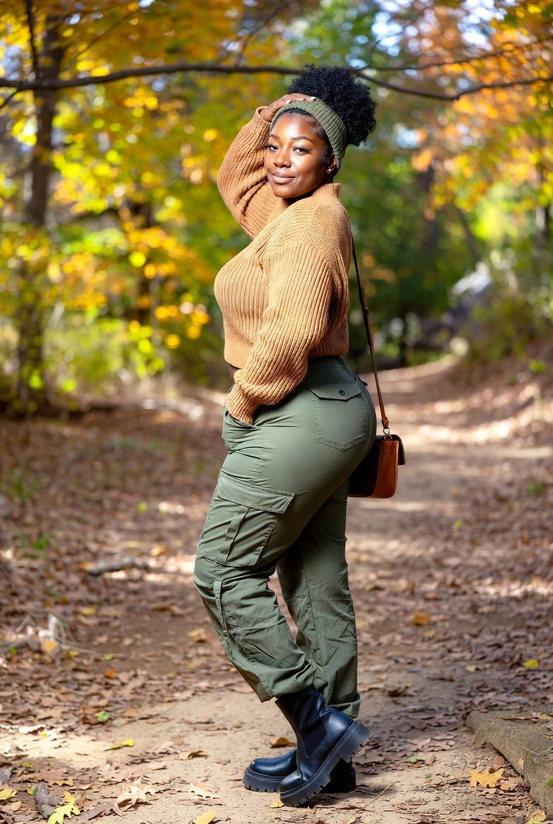 Curvy Black woman in a camel knit sweater, olive cargo pants, and chunky boots walking along a fall park path with colorful leaves.