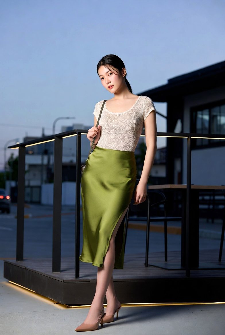 Asian woman wearing a moss-green slip skirt, beige knit top, and nude stiletto mules standing near a modern café in autumn.