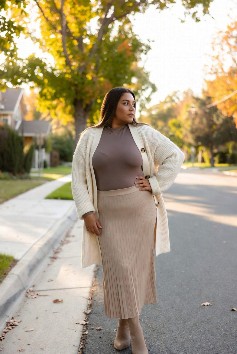 White woman in a cream coatigan, taupe turtleneck, and pleated beige midi skirt walking along a tree-lined fall street.