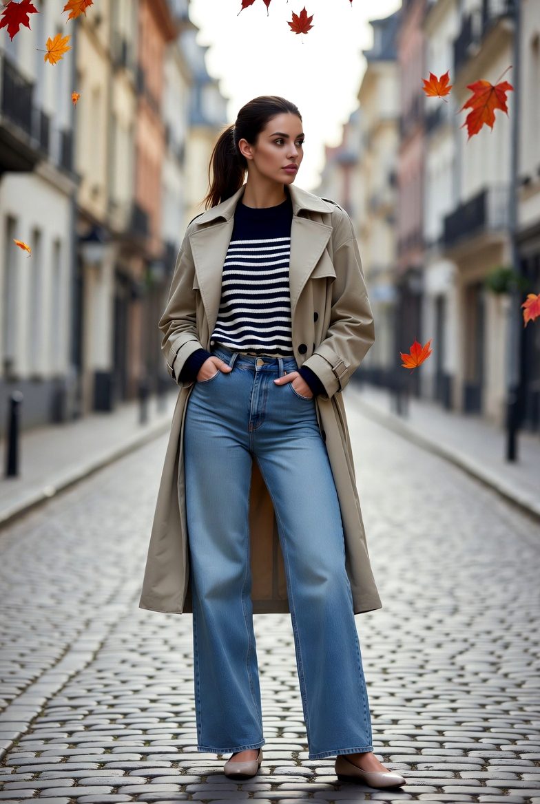 White woman in a beige trench coat, striped sweater, and wide-leg jeans with ballet flats strolling on a cobblestone street in fall.