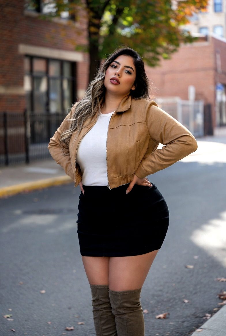 Curvy Latina woman wearing a tan suede shacket, white tee, black mini skirt, and over-the-knee boots on a city sidewalk in autumn.