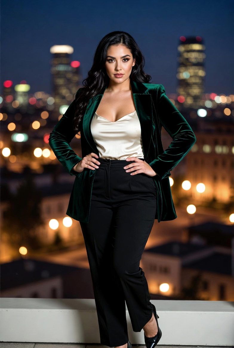 A woman in an emerald velvet blazer, ivory satin cami, black trousers, and pointed heels against a city night backdrop.