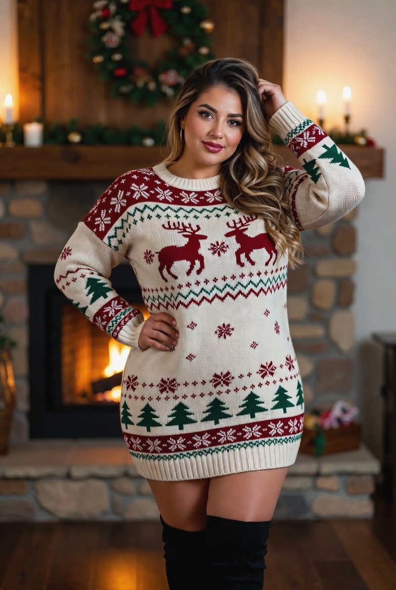 Curvy Latina woman wearing an oversized cream Christmas sweater as a dress with over-the-knee boots, cozy fireplace outfit for holidays.