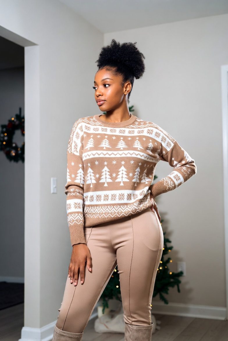 Medium-sized Black woman wearing a beige patterned Christmas sweater with matching trousers and boots, minimalist neutral holiday outfit.