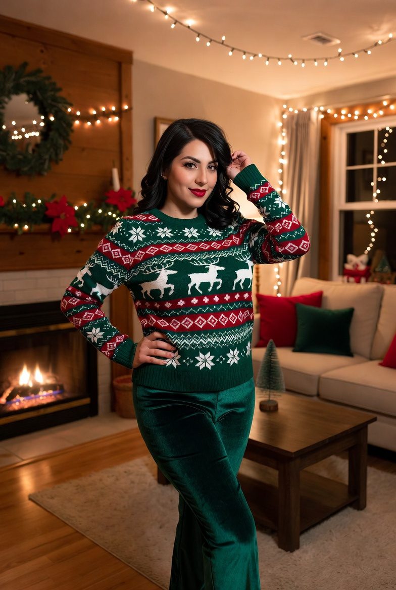 Latina woman wearing green velvet pants and an embroidered Christmas sweater, chic cozy holiday outfit with gold earrings.