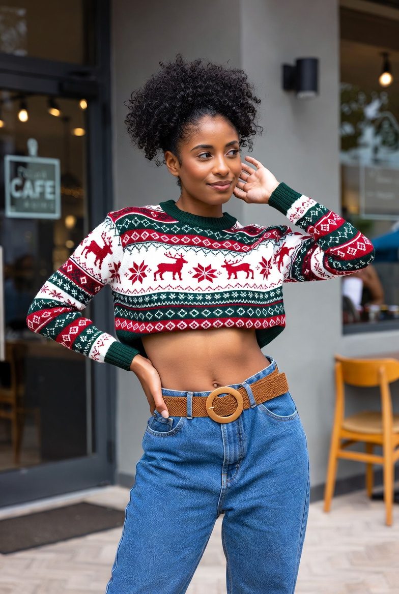 Curvy Black woman in a cropped Fair Isle Christmas sweater and high-waist mom jeans, casual trendy holiday outfit idea.