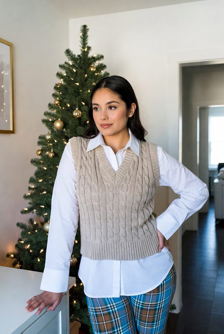 Medium-sized Latina woman wearing a cable-knit sweater vest over a white shirt with plaid trousers, preppy holiday outfit idea.