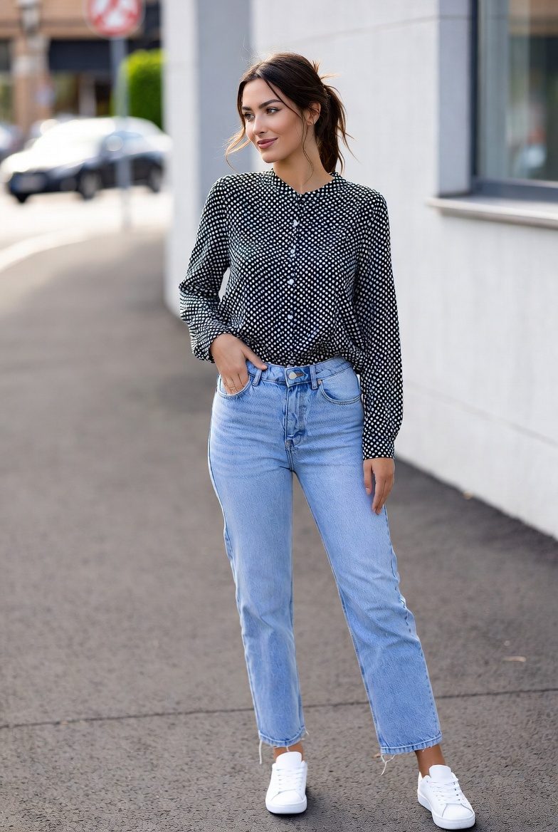 Polka Dot Blouse With Jeans Outfit: 20 Chic & Modern Ways to Style This Classic Combo