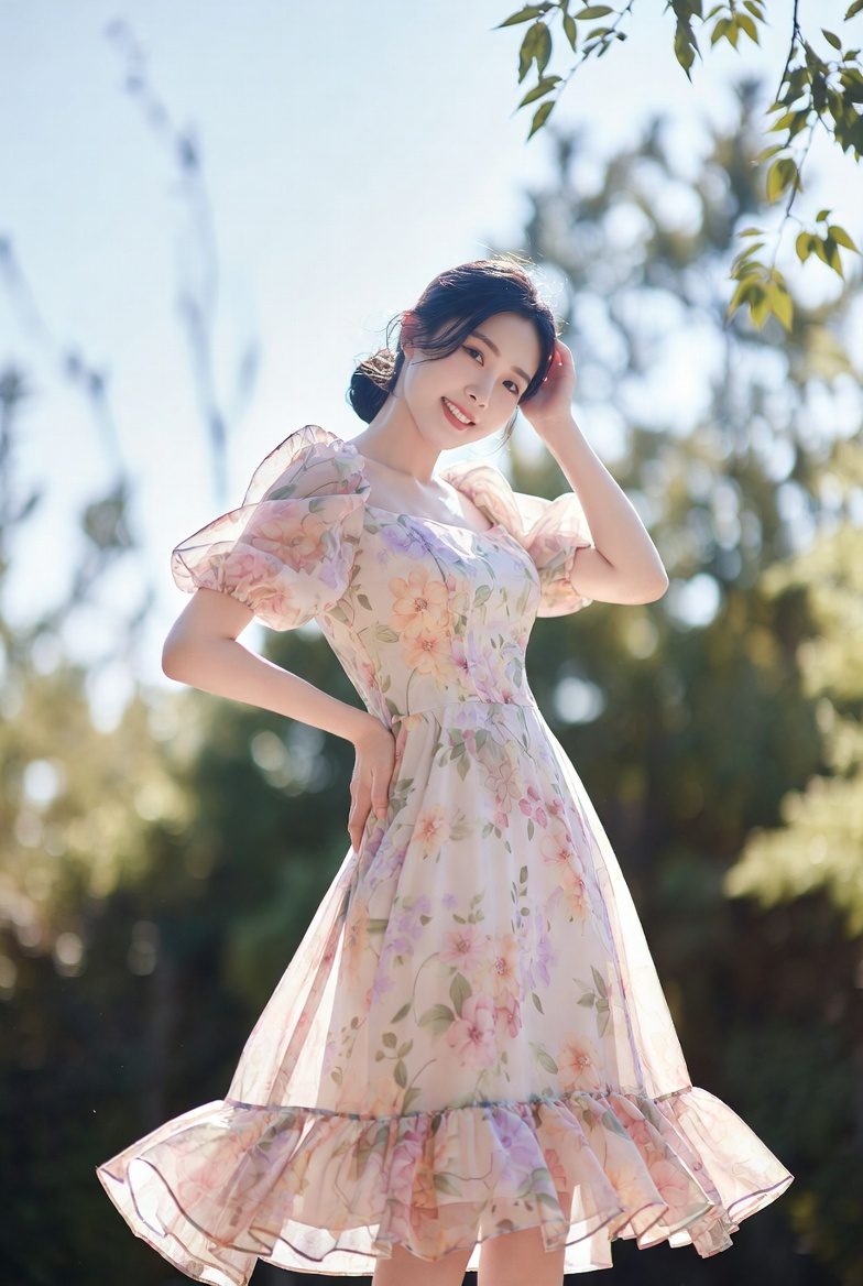 Korean woman wearing a soft floral puff-sleeve midi dress in natural light, styled for a romantic date look.