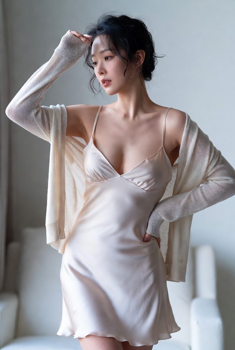 Korean woman in a satin slip dress layered with a thin cardigan, styled in a minimalist romantic outfit.