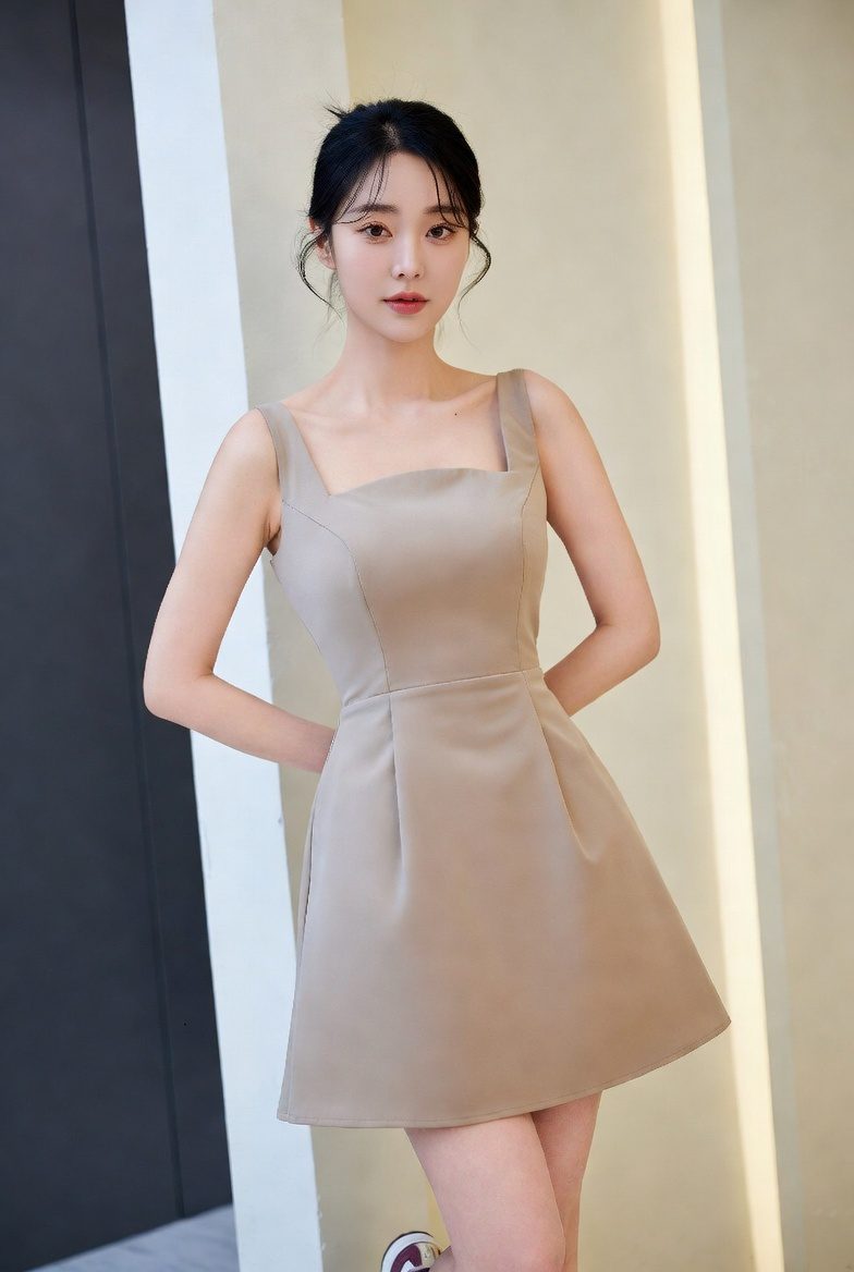 Korean woman in a square-neck A-line dress with minimal accessories, posing against a clean background.