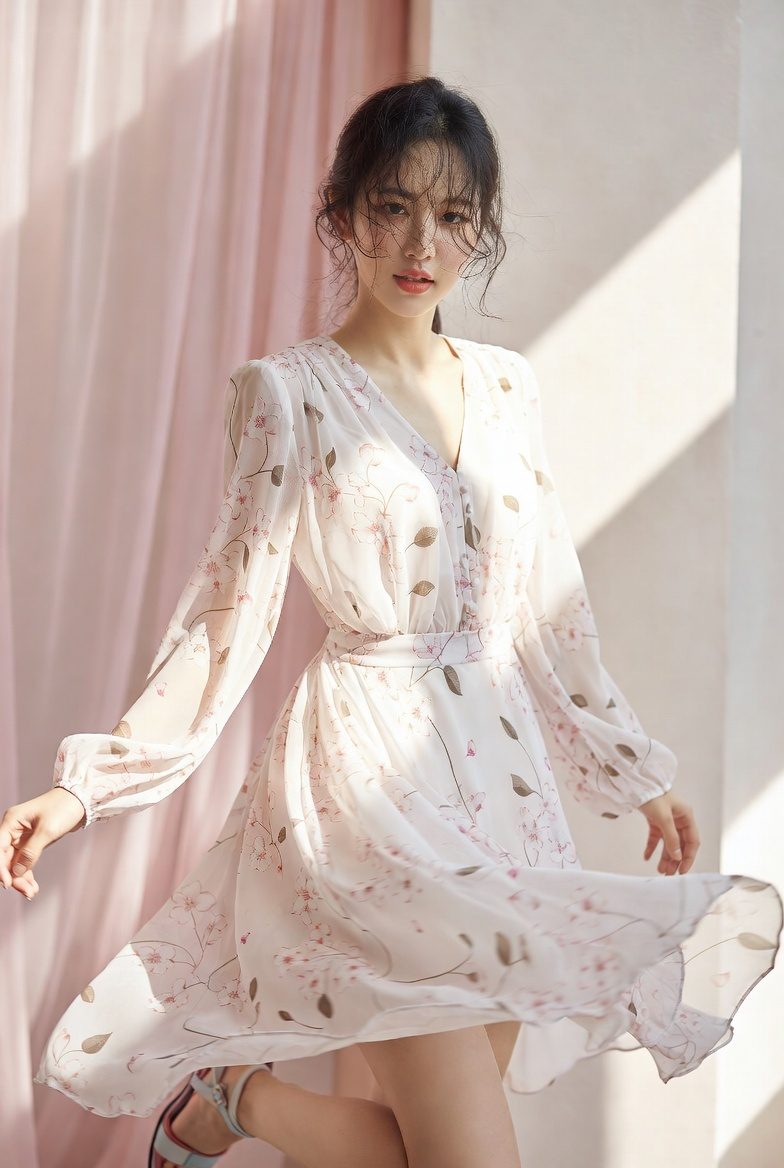 Korean woman wearing a long-sleeve chiffon floral dress with gentle fabric movement in a romantic outdoor scene.