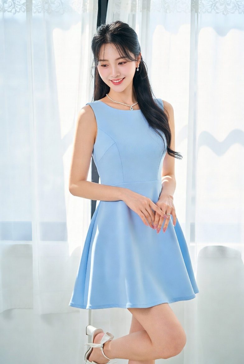 Korean woman in a baby blue fit-and-flare dress under bright airy lighting, styled in a sweet date look.