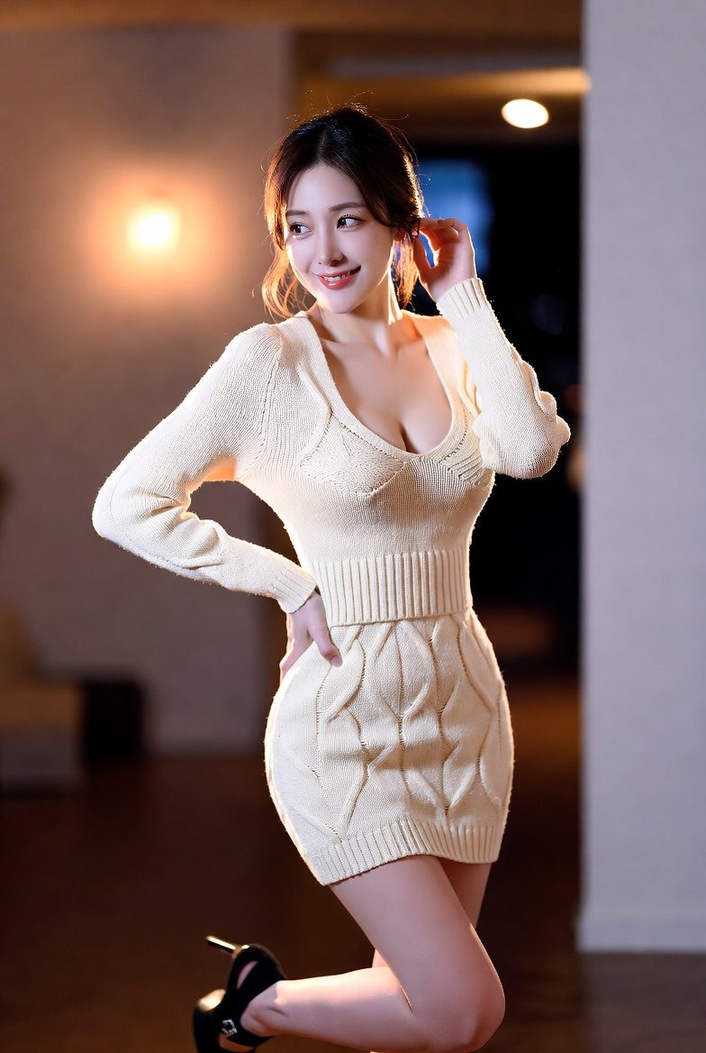 Korean woman in a cozy cream knit dress indoors, styled in a warm and romantic look.