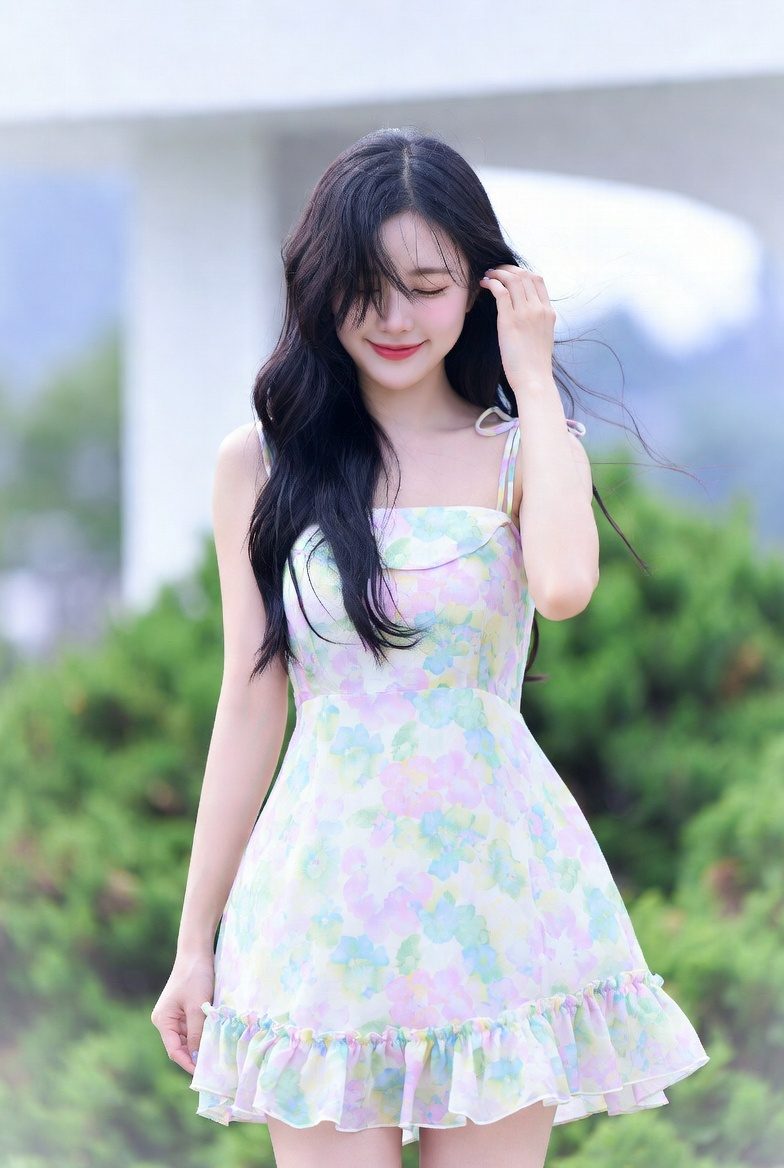 Korean woman in a pastel floral babydoll dress outdoors with soft, dreamy lighting.