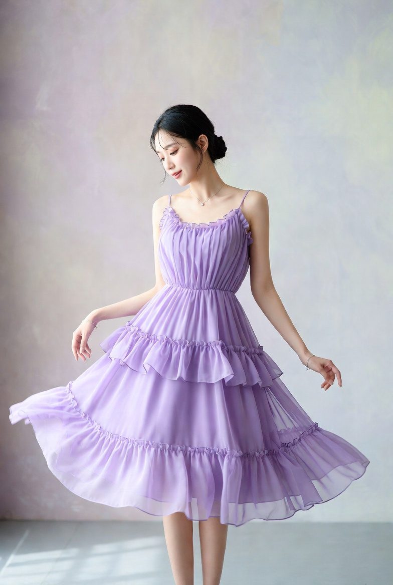 Korean woman in a lavender tiered midi dress with flowing layers in a soft pastel environment.