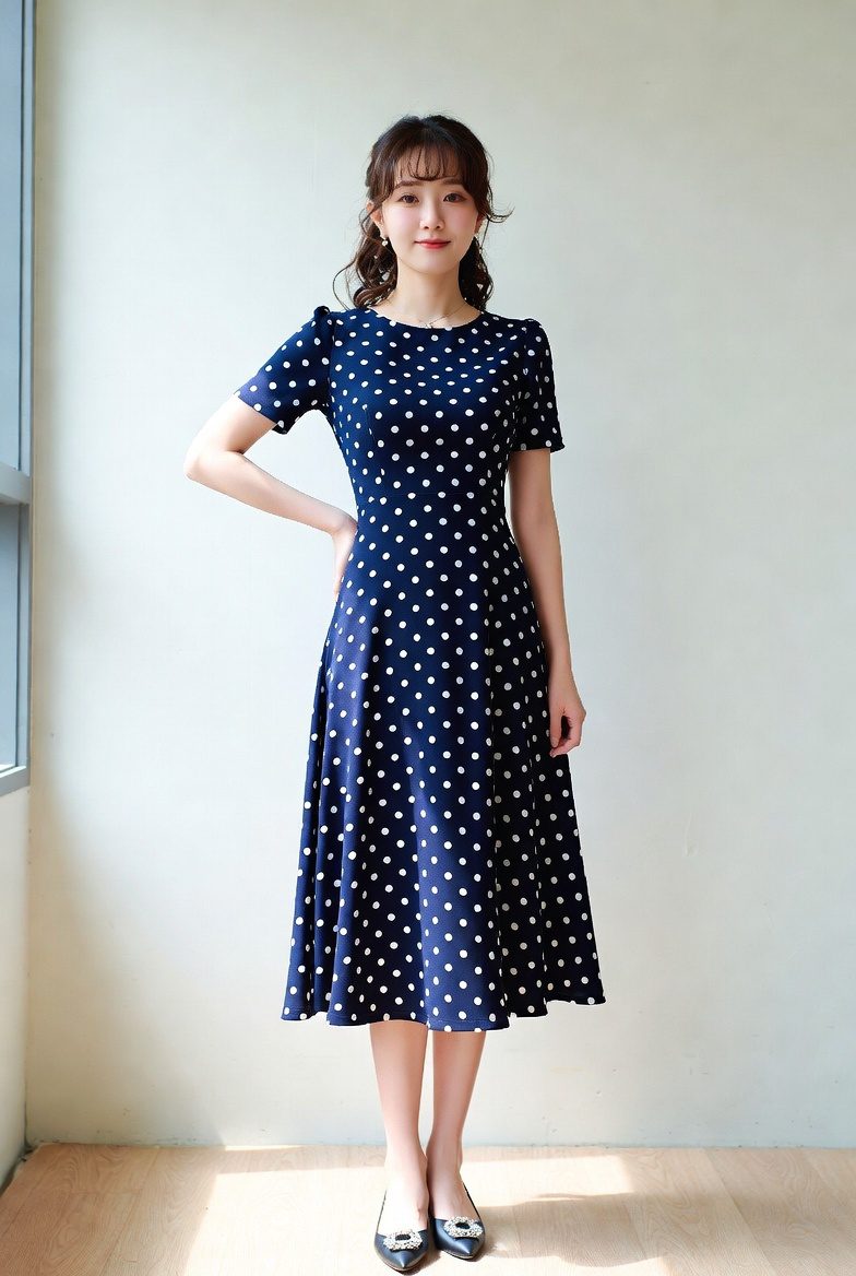 Korean woman in a navy polka dot midi dress posing in natural daylight with a clean background.