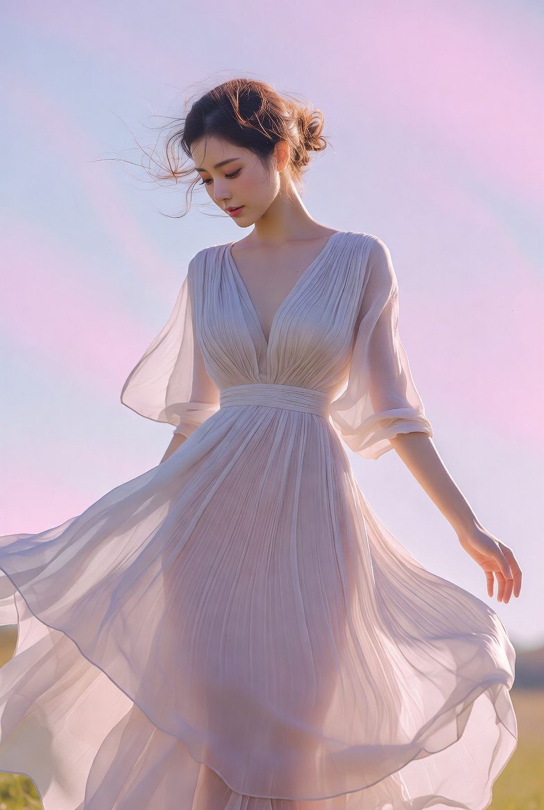 Korean woman wearing a pleated chiffon maxi dress with soft fabric movement in a romantic setting.