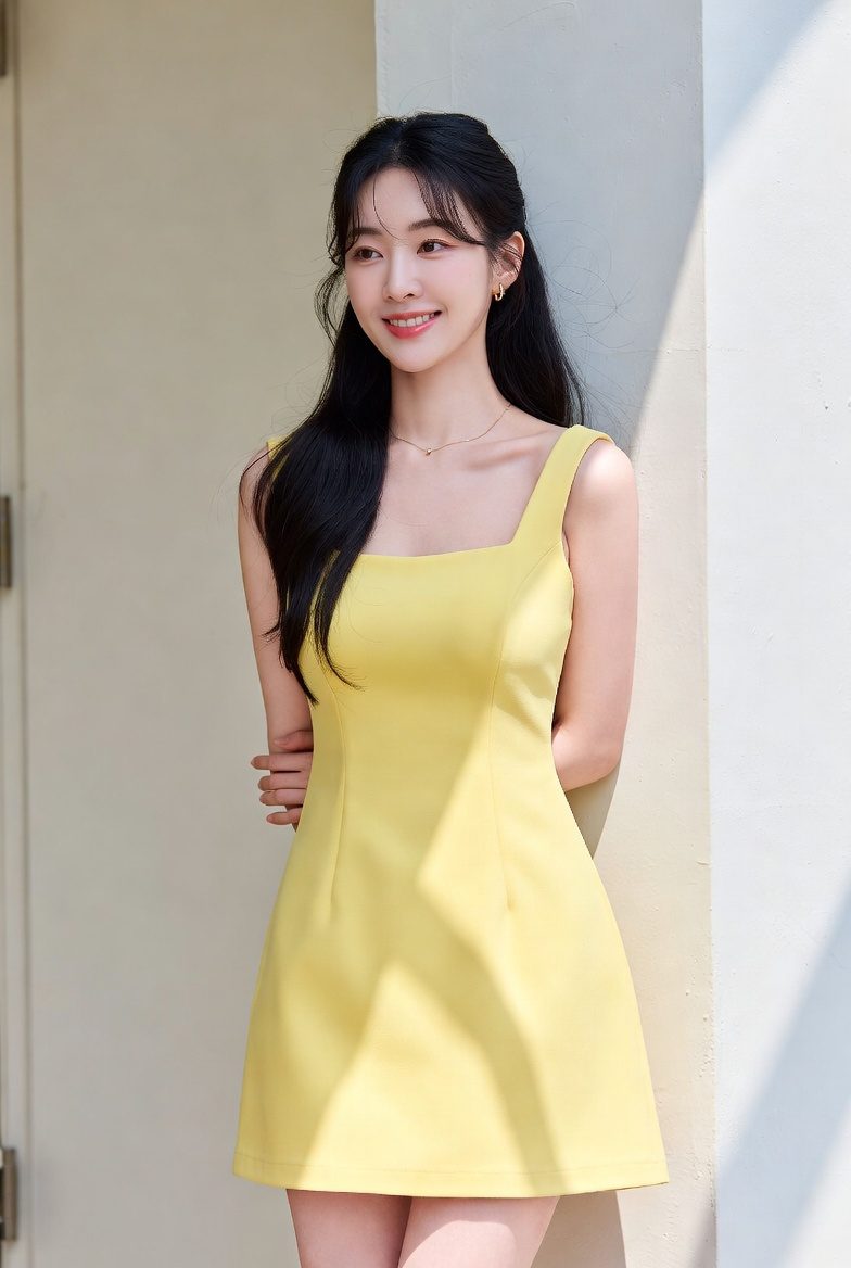 Korean woman in a butter yellow square-neck mini dress with subtle gold accessories.