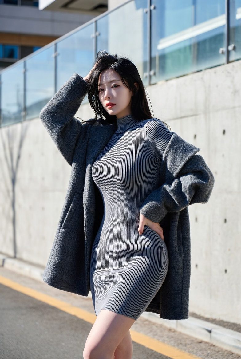 Korean woman wearing a ribbed bodycon dress layered with an oversized coat in a modern city backdrop.