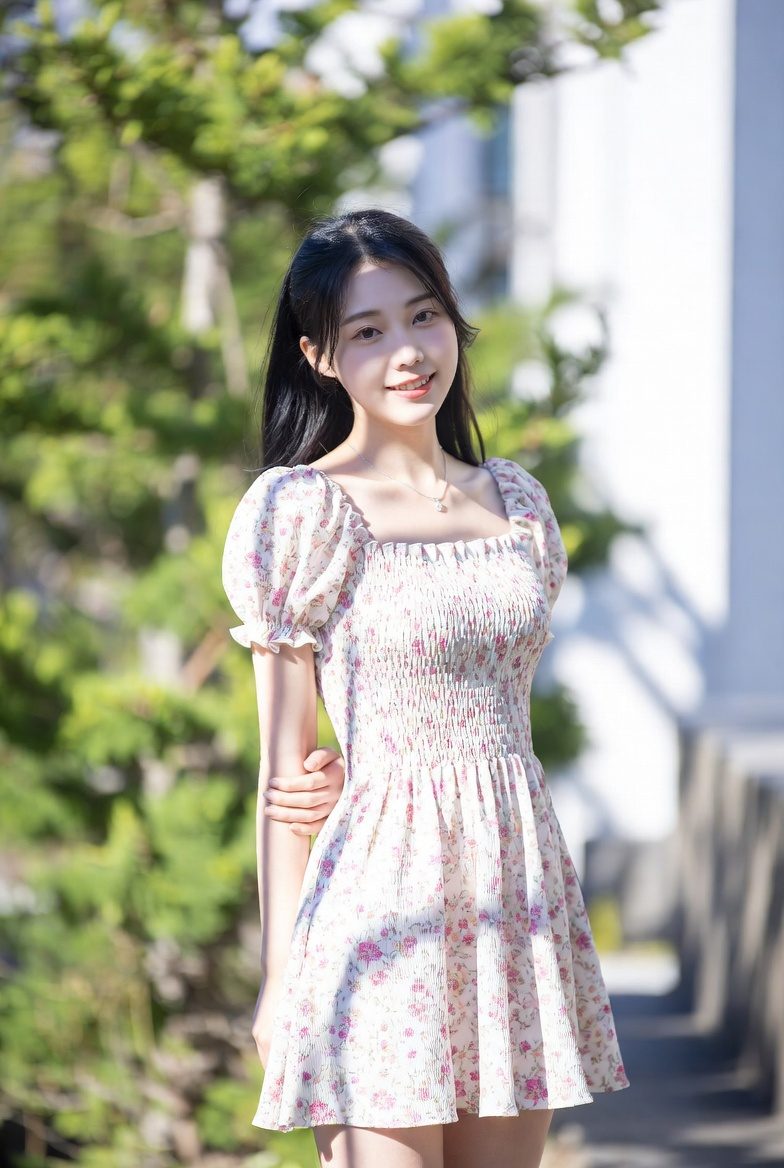 Korean woman in a smocked floral mini dress outdoors in gentle natural lighting.