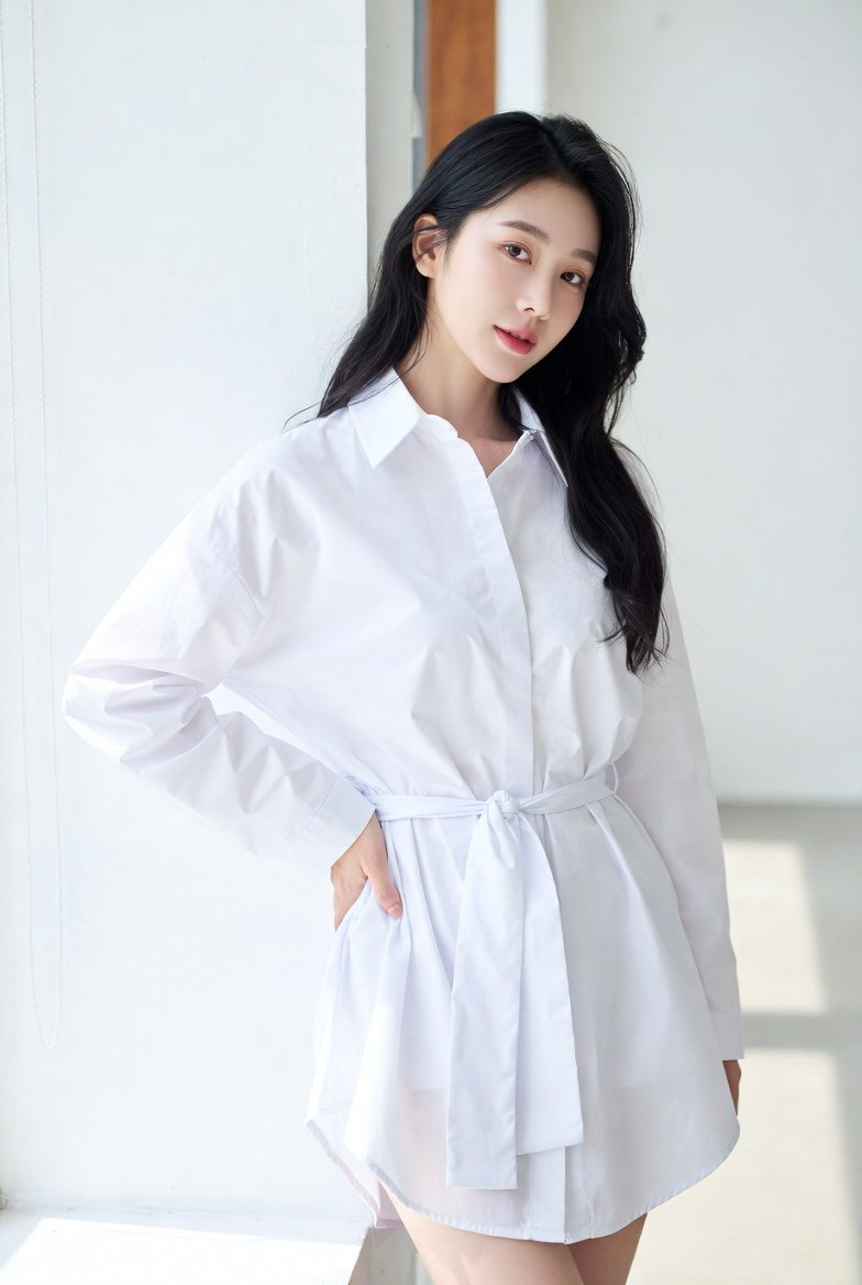 Korean woman wearing a waist-tied white shirt dress in a bright minimalist environment.