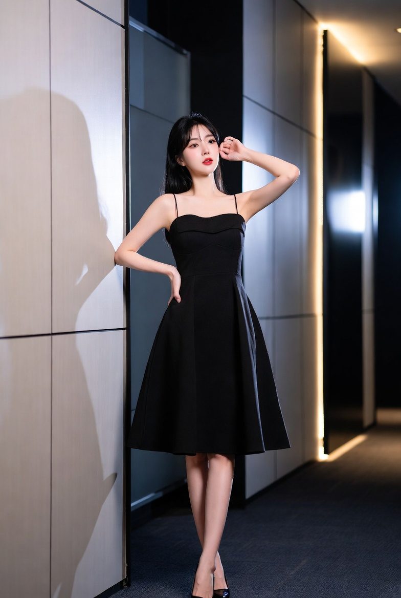 Korean woman wearing a black thin-strap midi dress in a clean contemporary setting.
