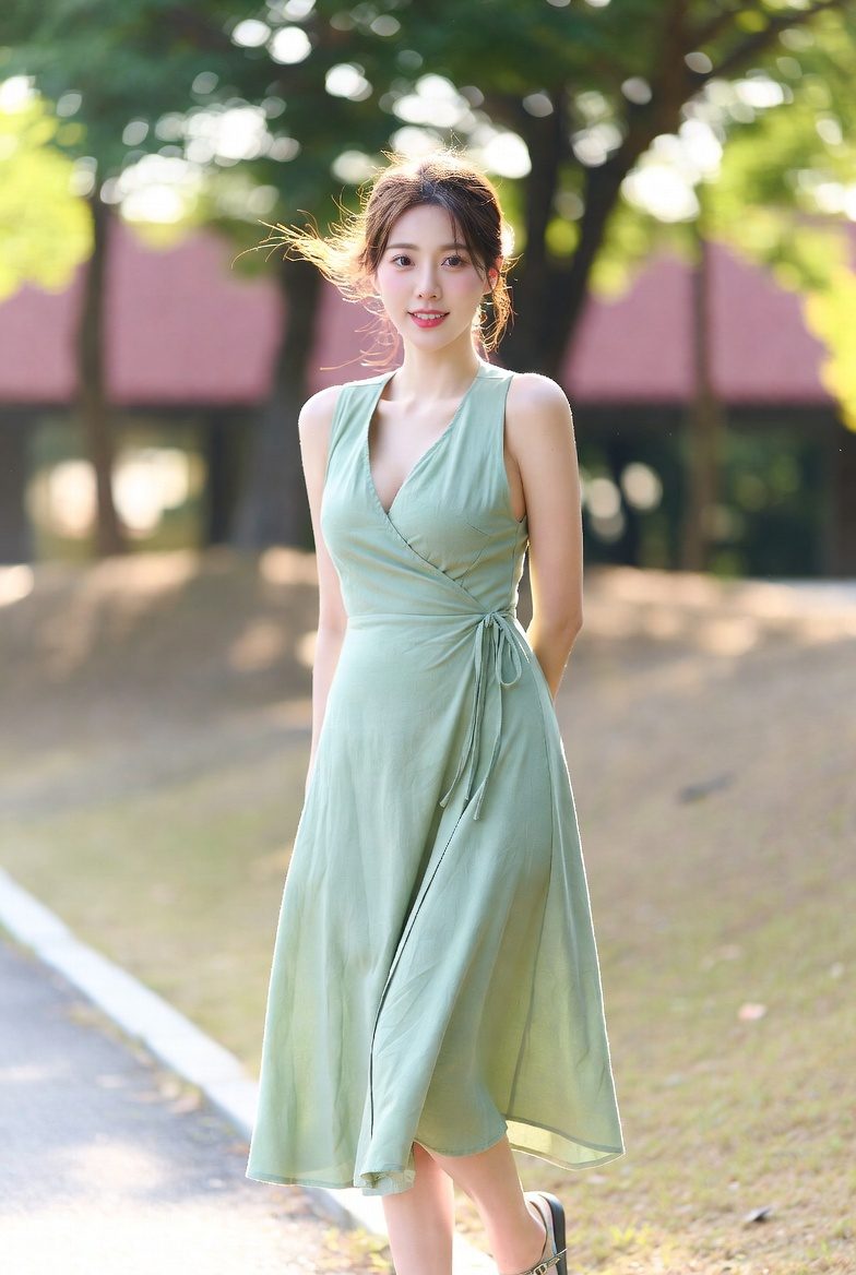 Korean woman in a light green wrap midi dress outdoors under soft natural sunlight.