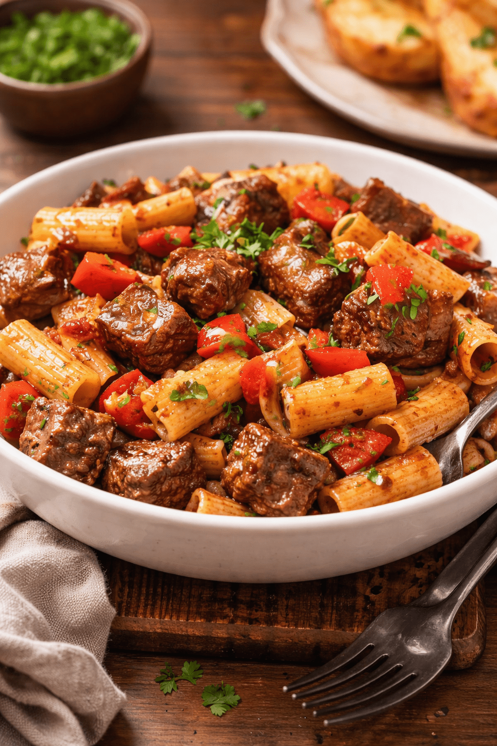 Beef & Pasta Skillet with juicy beef cubes, rigatoni pasta, sautéed red bell peppers, onions, and garlic, garnished with fresh parsley.