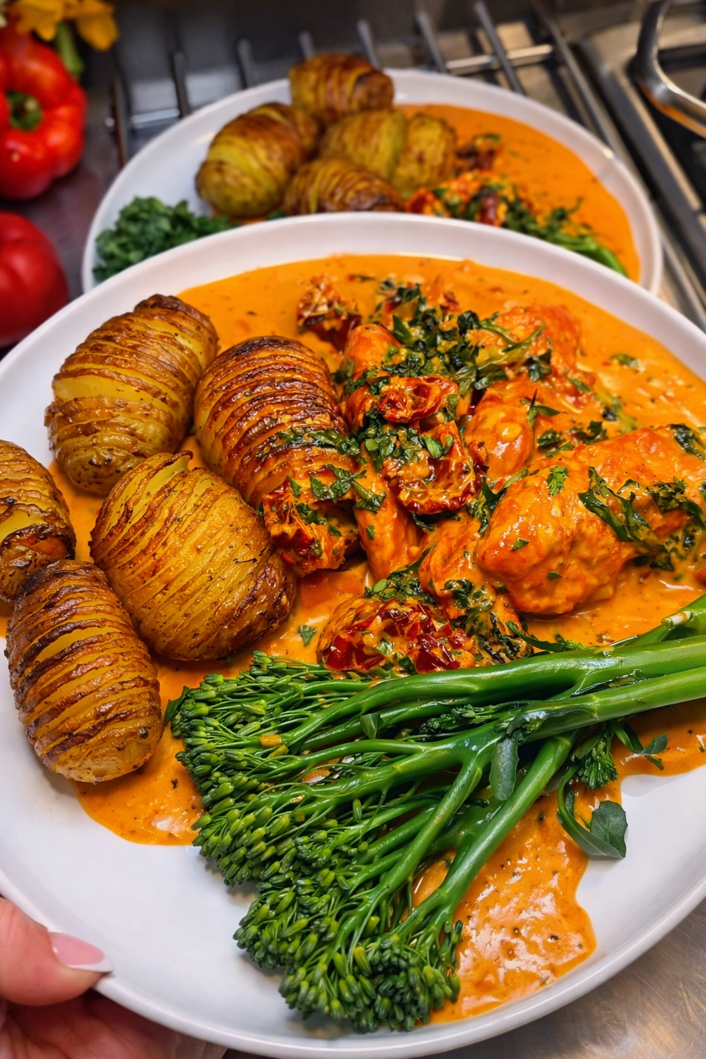 Creamy Marry Me Chicken with Crispy Hasselback Potatoes & Broccolini