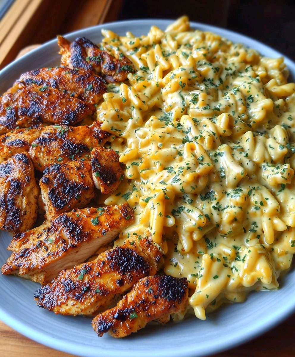 Blackened Chicken with Creamy Garlic Mac and Cheese recipe 