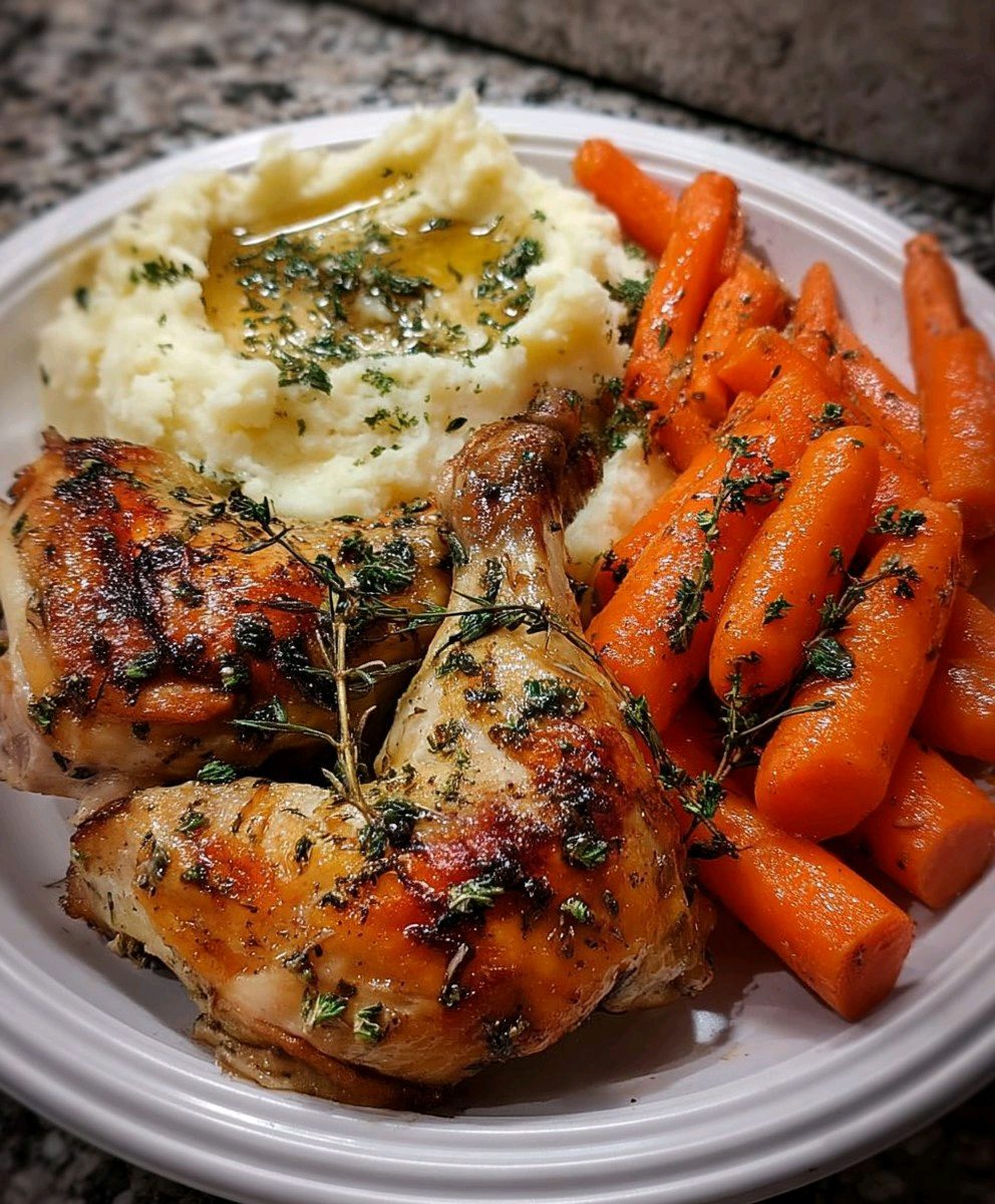Herb-roasted chicken with mashed potatoes and glazed carrots recipe 