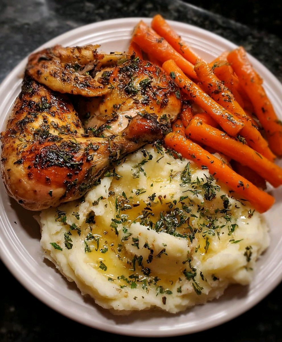 Herb-Roasted Chicken with Mashed Potatoes & Glazed Carrots (Comforting Homemade Dinner)